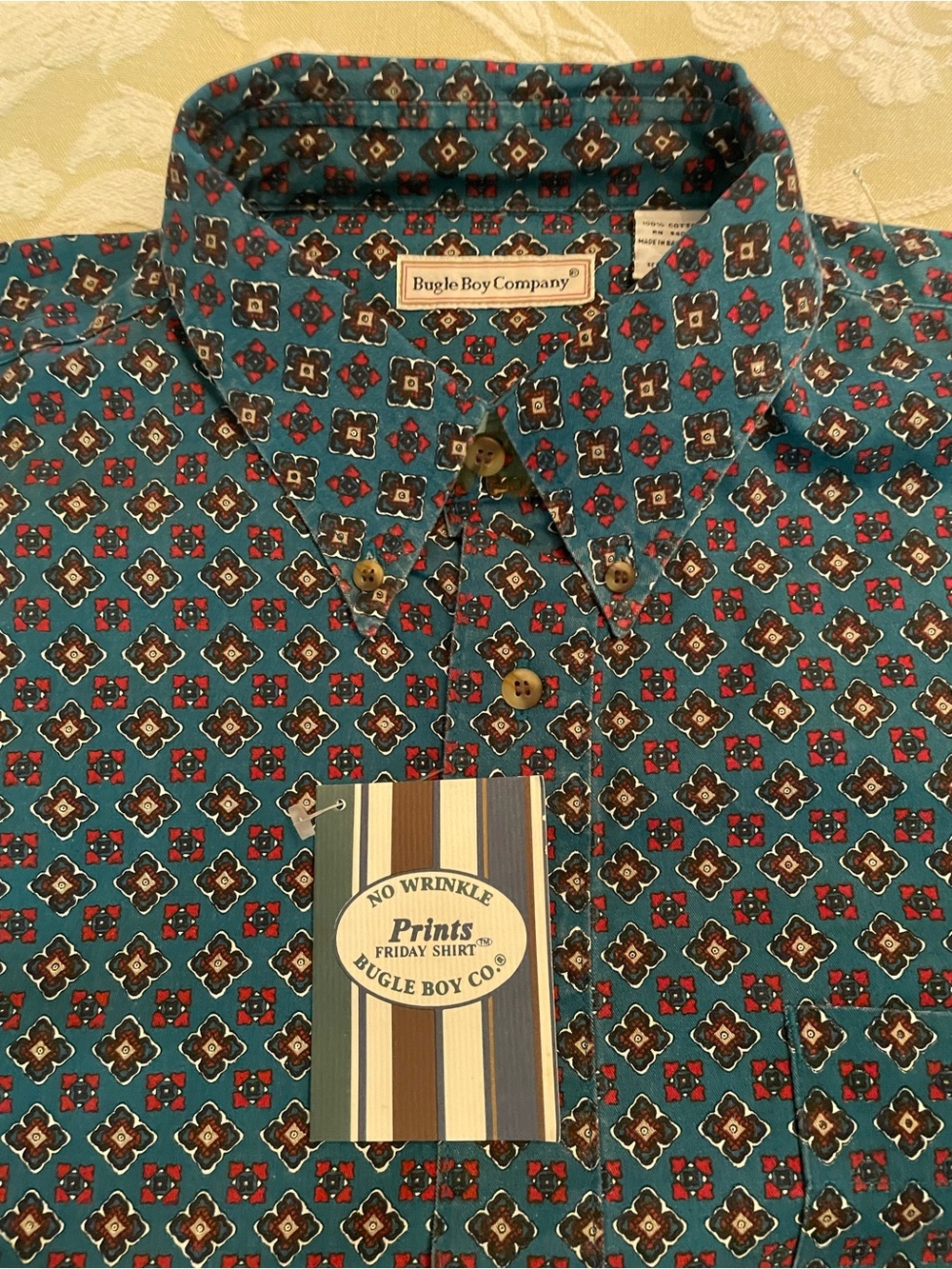 Bugle Boy Button Down Shirt Mens Green Print No Wrinkle New Vintage 90s SIZE XL